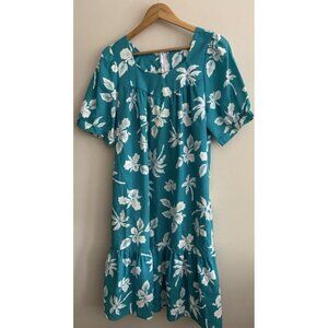 Vtg Floral Hawaiian Dress Muumuu Teal Hibiscus Kaftan Beach Royal Creations Med